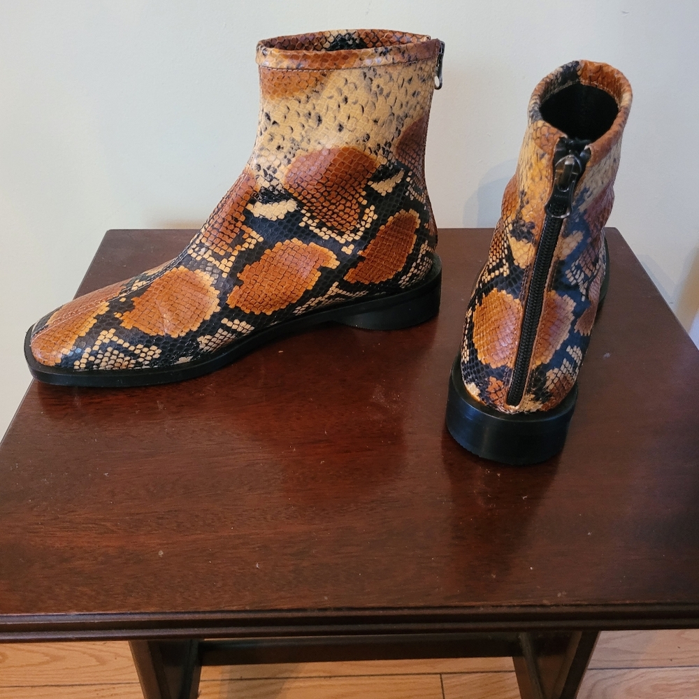 Brown and Tan Ankle Boots with Snakeskin Pattern